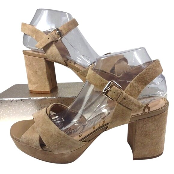 Sam Edelman Jolene Block 3" Heels Sandals Women's 10 M Tan Suede Open Toe - Picture 1 of 8
